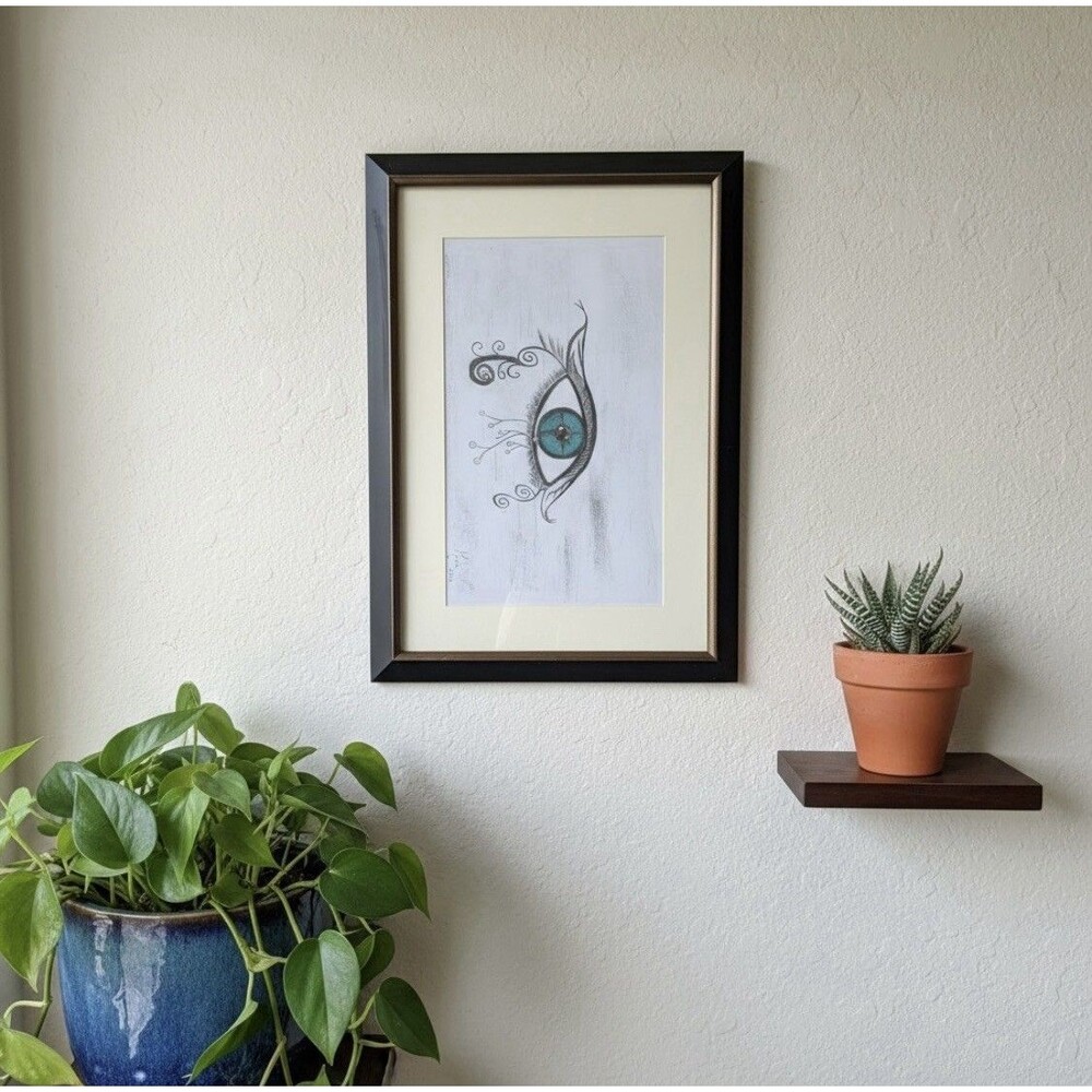 Framed Turquoise Blue Eye Original Art Drawing Abstract Modern Wall Decor
